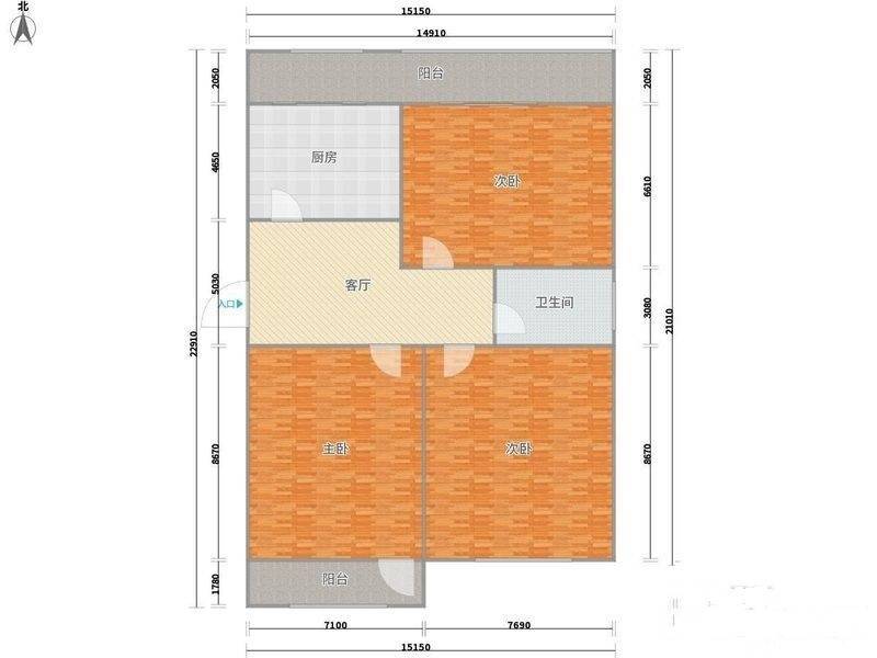 金口三路小区3室1厅1卫74㎡户型图