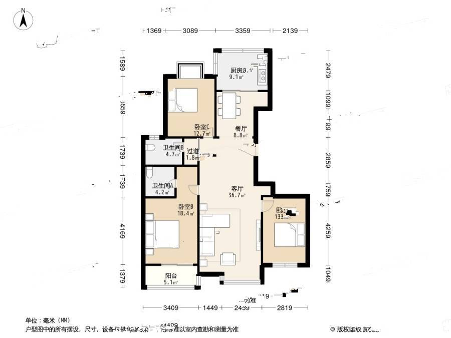 春光山色二期3室2厅2卫143.7㎡户型图