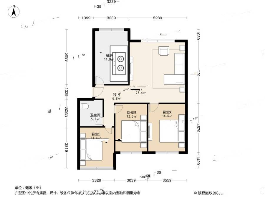 华城路五小区3室1厅1卫114.1㎡户型图