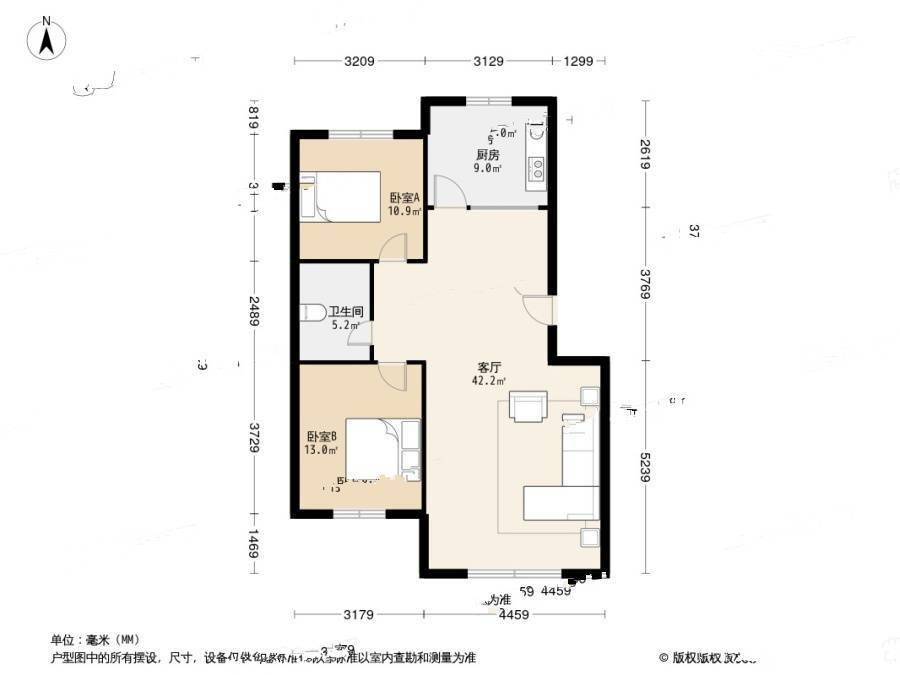 瑞海花园B区(开发区)2室2厅1卫65㎡户型图