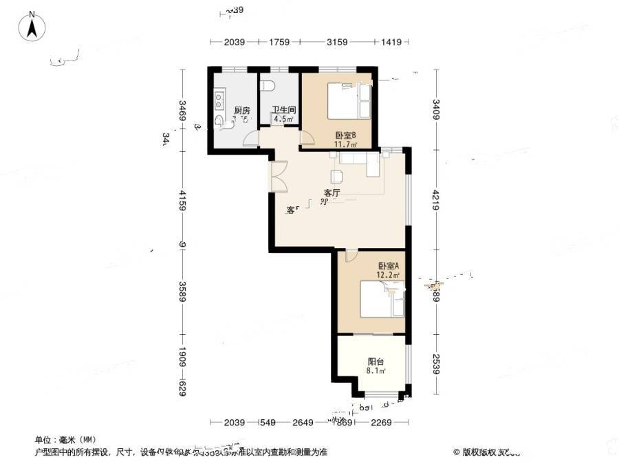 弄海园(开发区)2室1厅1卫95㎡户型图