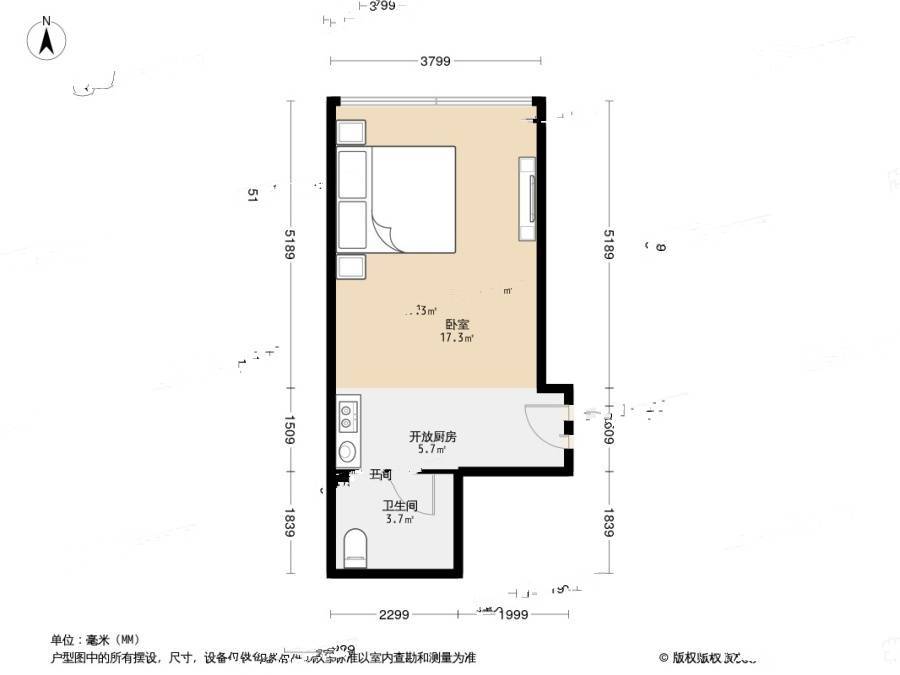 万达39克拉1室0厅1卫46.6㎡户型图