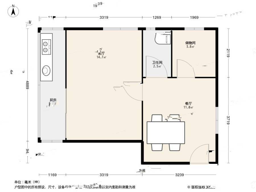 太清路社区1室1厅1卫44.7㎡户型图