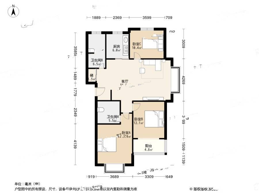 福岭嘉苑三期3室2厅2卫121.8㎡户型图