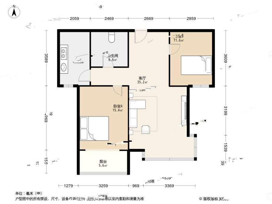 福岭嘉苑三期2室1厅1卫90.4㎡户型图