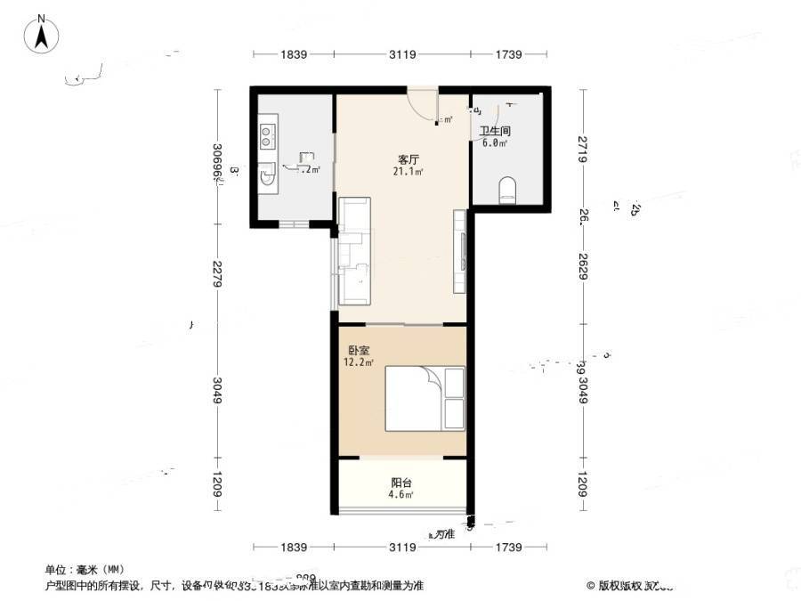 福岭嘉苑三期1室1厅1卫60.7㎡户型图