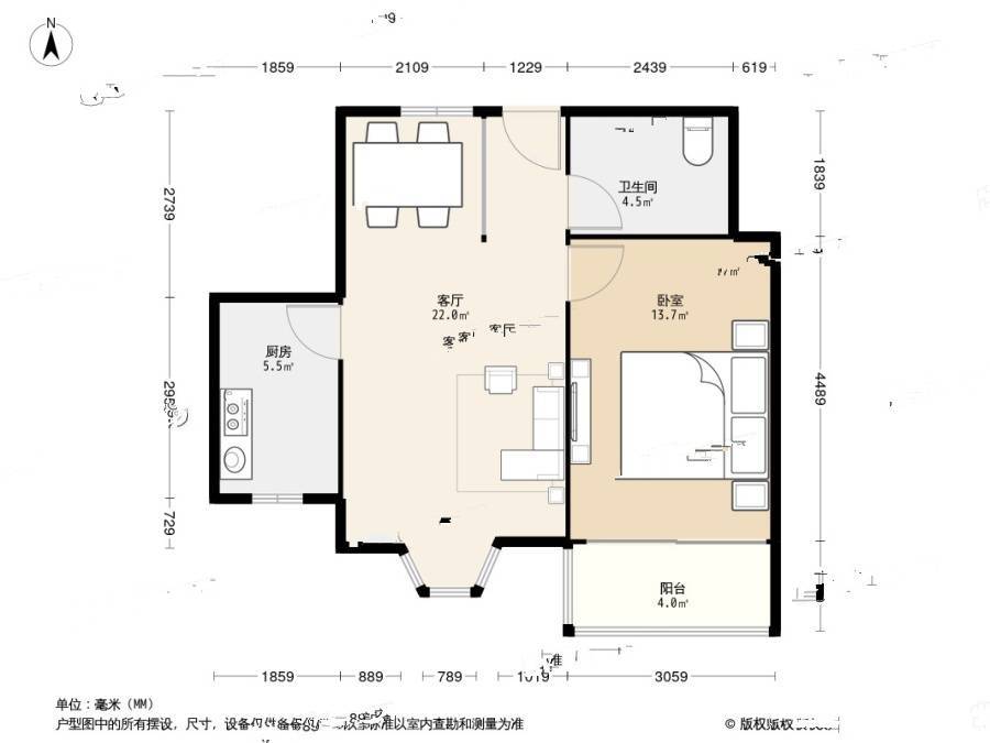 城建阳光山色1室1厅1卫65.4㎡户型图