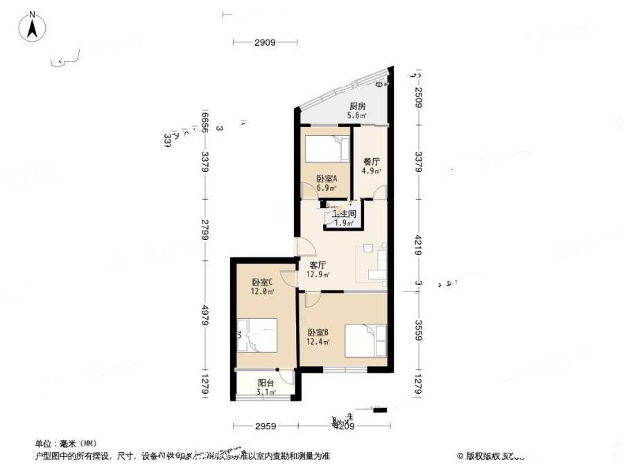 登州路小区(市北区)3室1厅1卫93㎡户型图