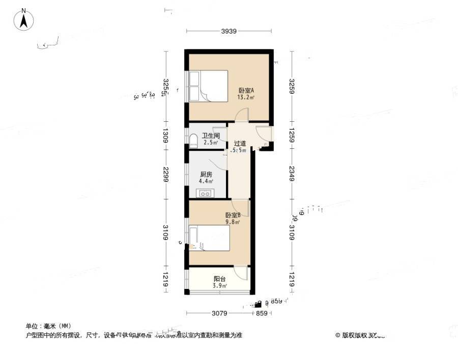 东仲小区2室0厅1卫44.5㎡户型图