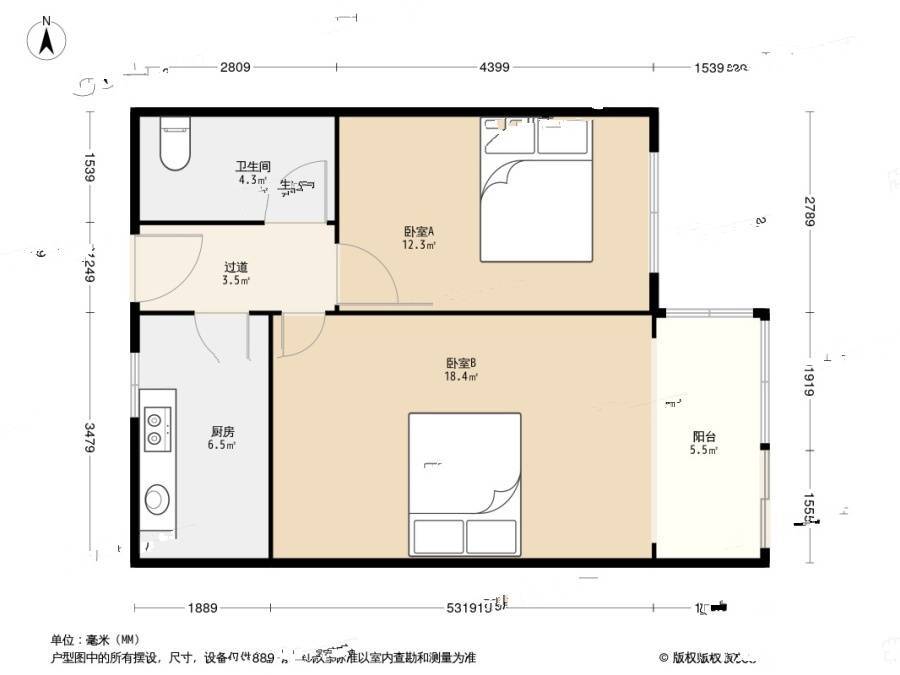 东仲小区2室0厅1卫56.4㎡户型图