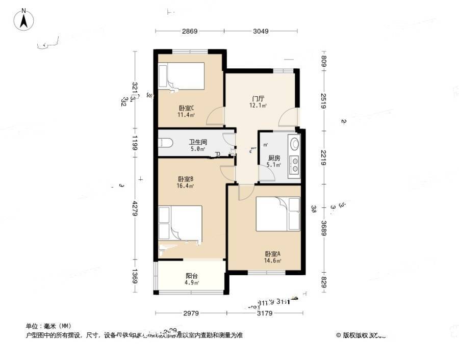 合江路小区(市北)2室1厅1卫59.4㎡户型图