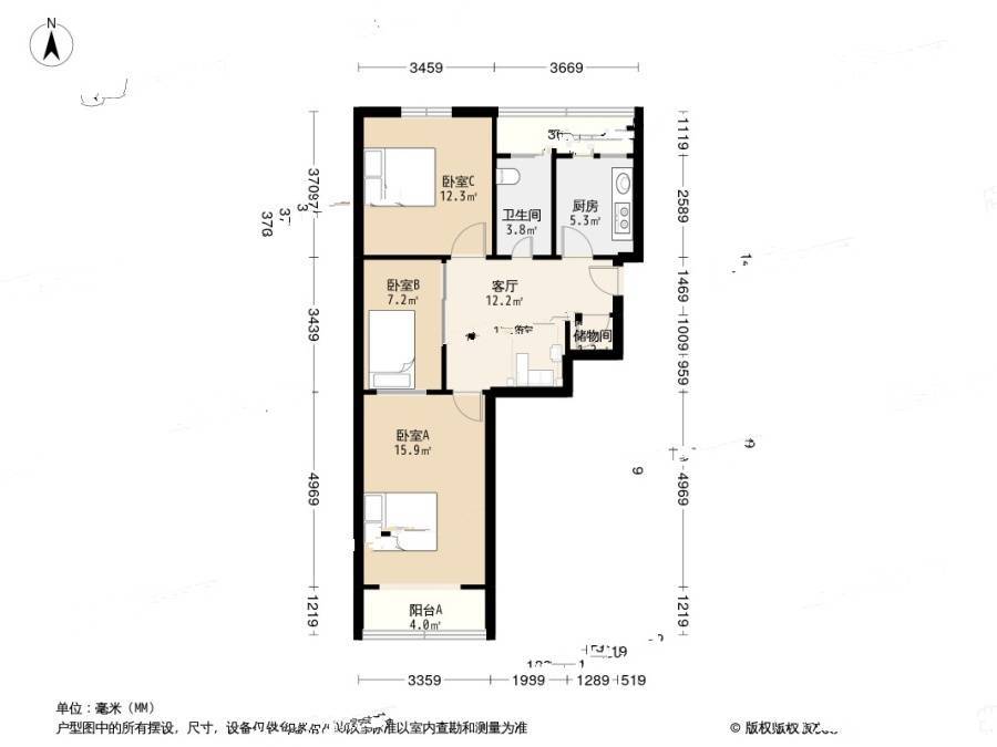 合江路小区(市北)3室1厅1卫85.9㎡户型图