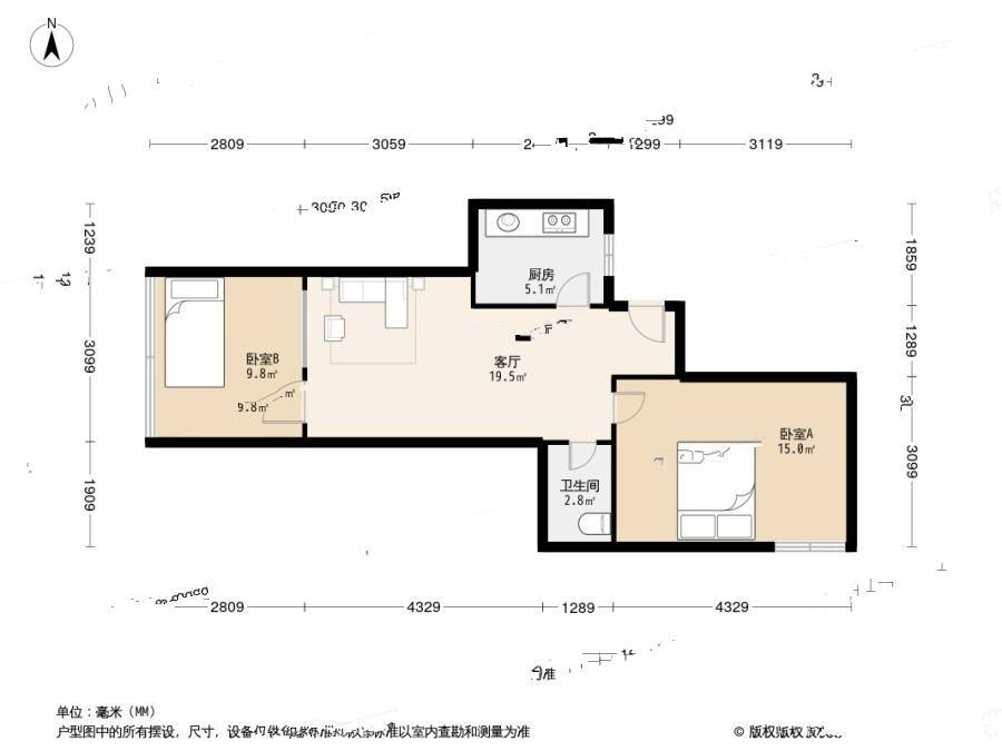 南口路小区2室1厅1卫64㎡户型图