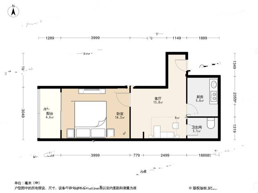 南口路小区1室1厅1卫43.2㎡户型图