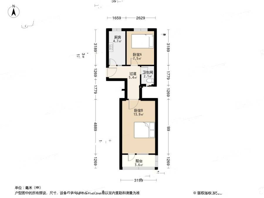 东山路社区2室0厅1卫53.8㎡户型图