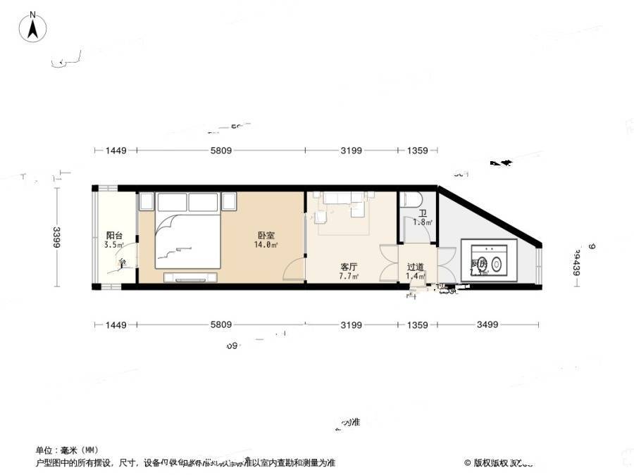 东山路社区2室0厅1卫53.8㎡户型图