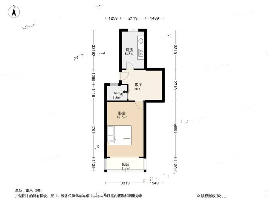 丹东路小区1室1厅1卫43.1㎡户型图