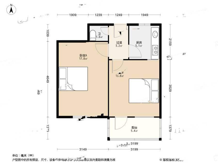 洮南路社区2室0厅1卫50㎡户型图