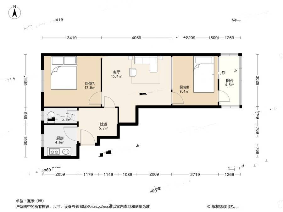 洮南路社区2室1厅1卫61.9㎡户型图