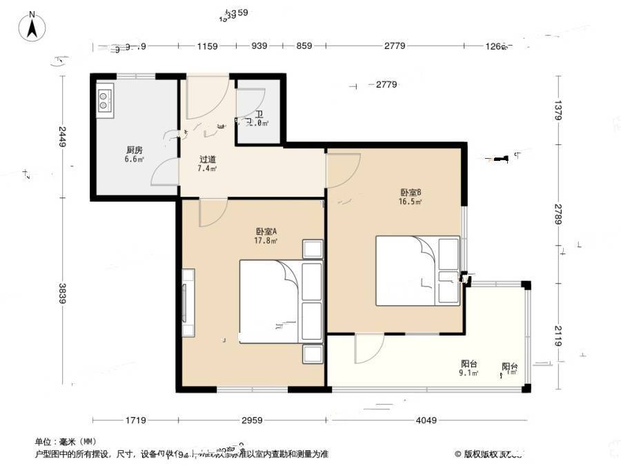 高苑路小区2室1厅1卫61.2㎡户型图