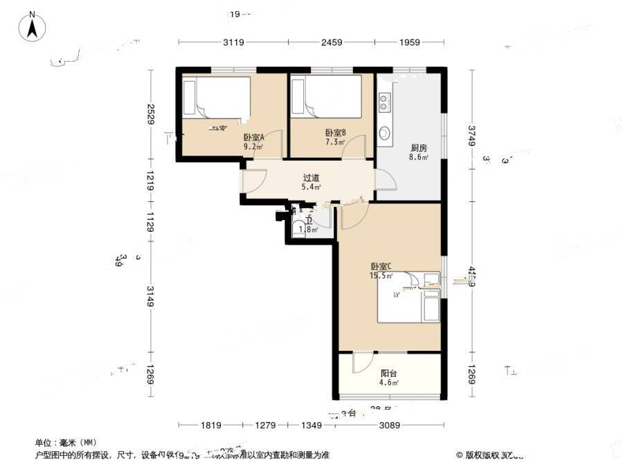 瑞云路小区3室0厅1卫55㎡户型图