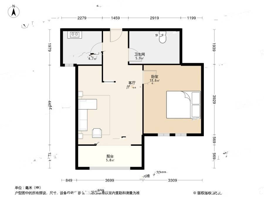 绿城百合花园1室1厅1卫63.3㎡户型图