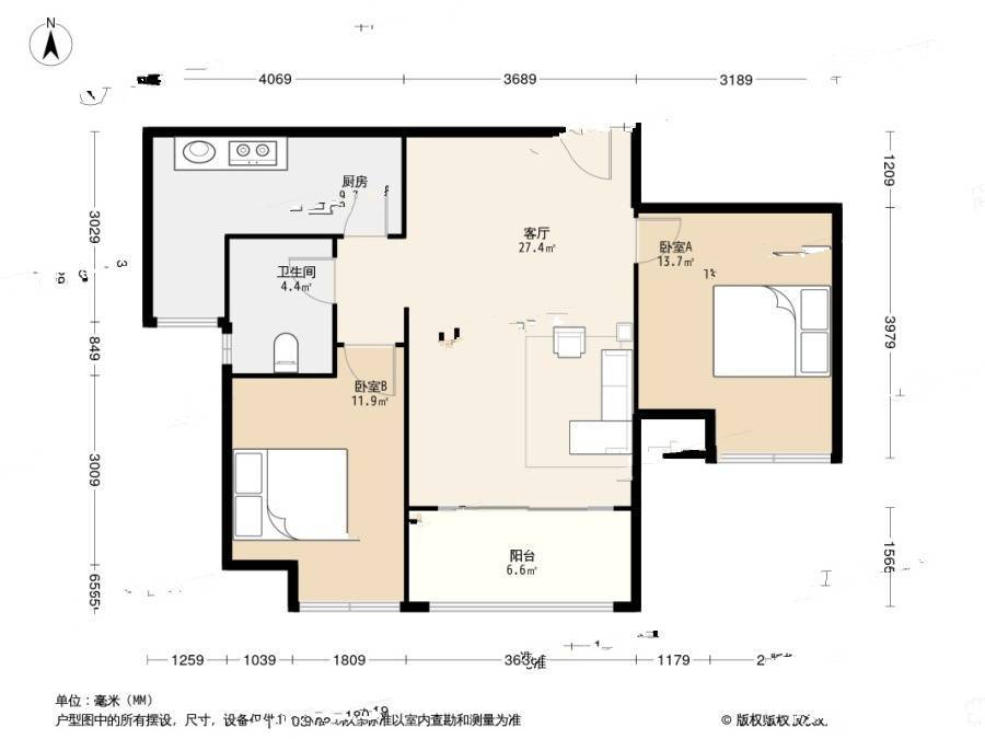 万达悦公馆2室1厅1卫84㎡户型图