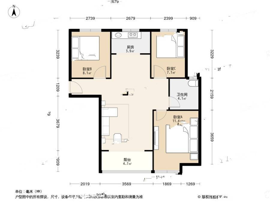 万达悦公馆3室2厅1卫105.5㎡户型图