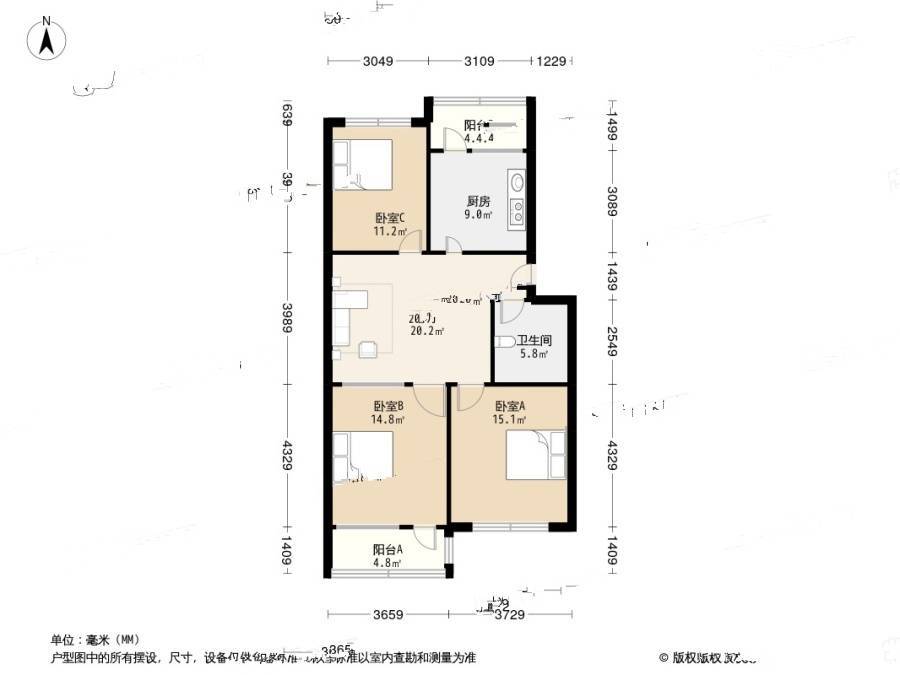 滨河路小区3室1厅1卫114.5㎡户型图