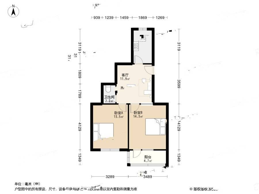 城安路小区2室1厅1卫66.1㎡户型图