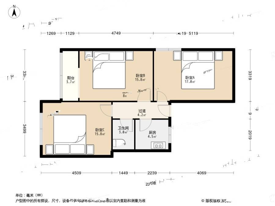 沧台路社区3室0厅1卫74.6㎡户型图