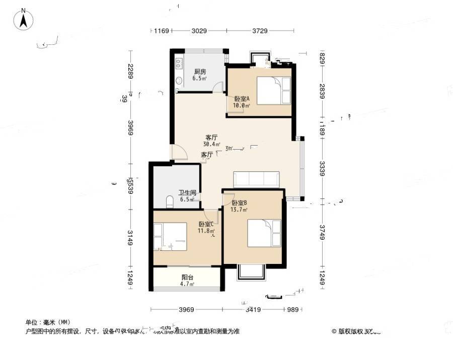 沧台路社区3室2厅1卫108㎡户型图