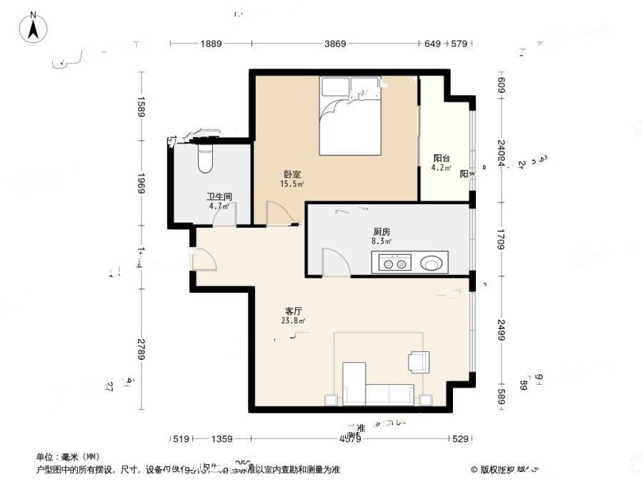 银座华府1室2厅1卫68㎡户型图