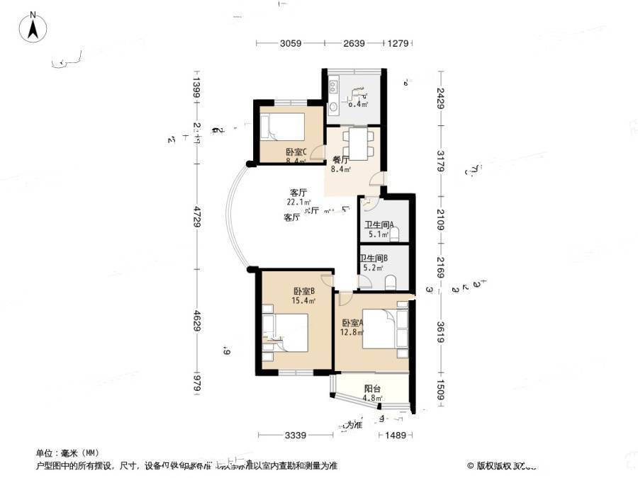 锦园南区3室2厅2卫118.1㎡户型图