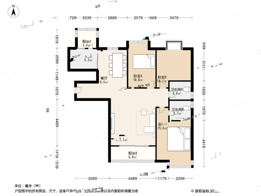 青岛御景峰3室2厅2卫131.6㎡户型图