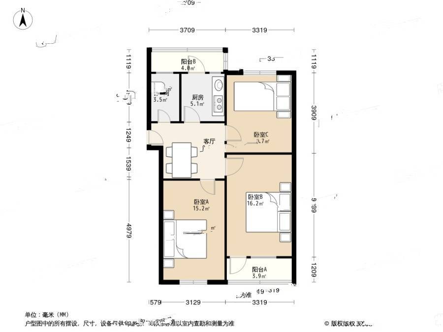 南京路小区(市南)3室1厅1卫77.4㎡户型图