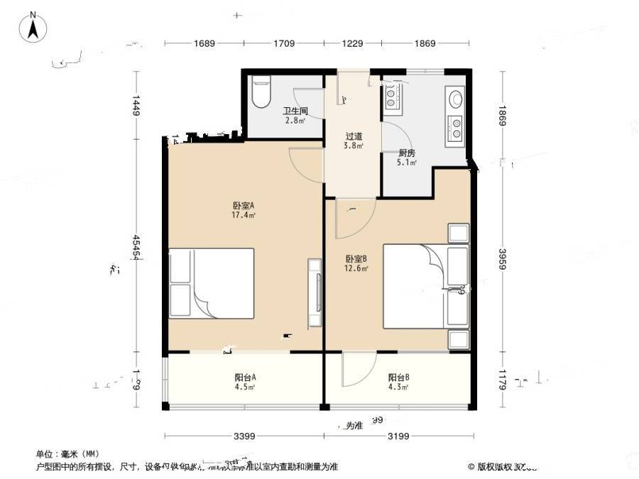 八大湖社区2室0厅1卫48.2㎡户型图