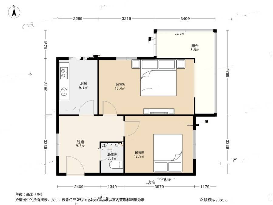 八大湖社区2室1厅1卫65.7㎡户型图