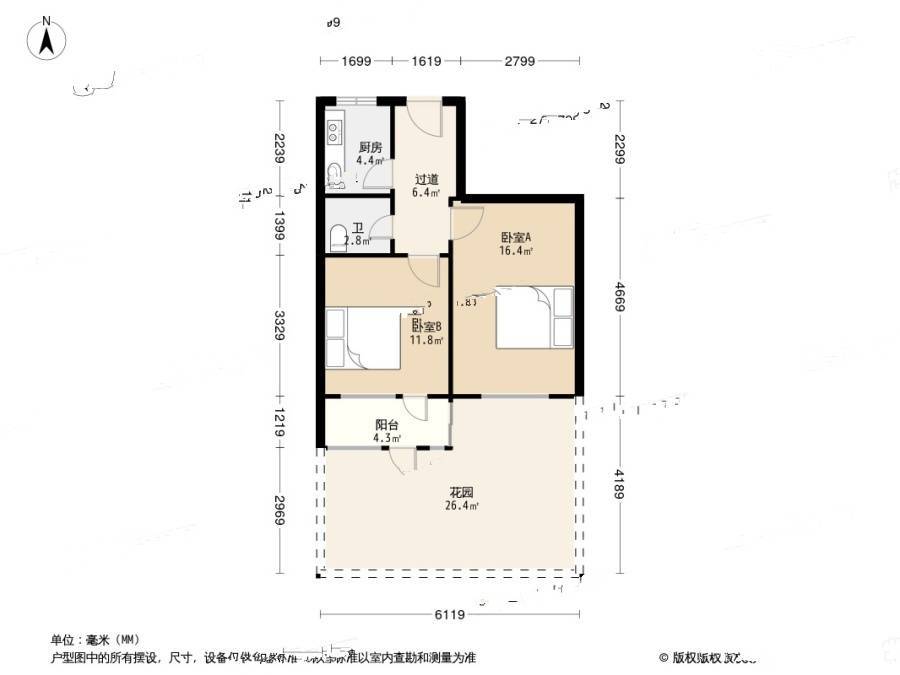 八大湖社区2室0厅1卫52.5㎡户型图