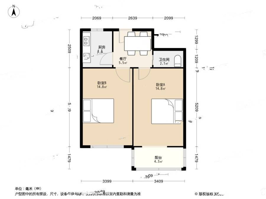 八大湖社区2室1厅1卫60㎡户型图