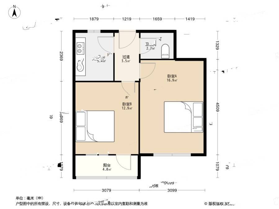 八大湖社区2室0厅1卫49.2㎡户型图