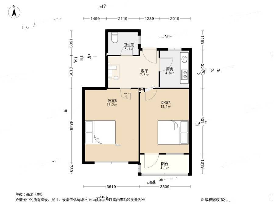 八大湖社区2室1厅1卫56.7㎡户型图