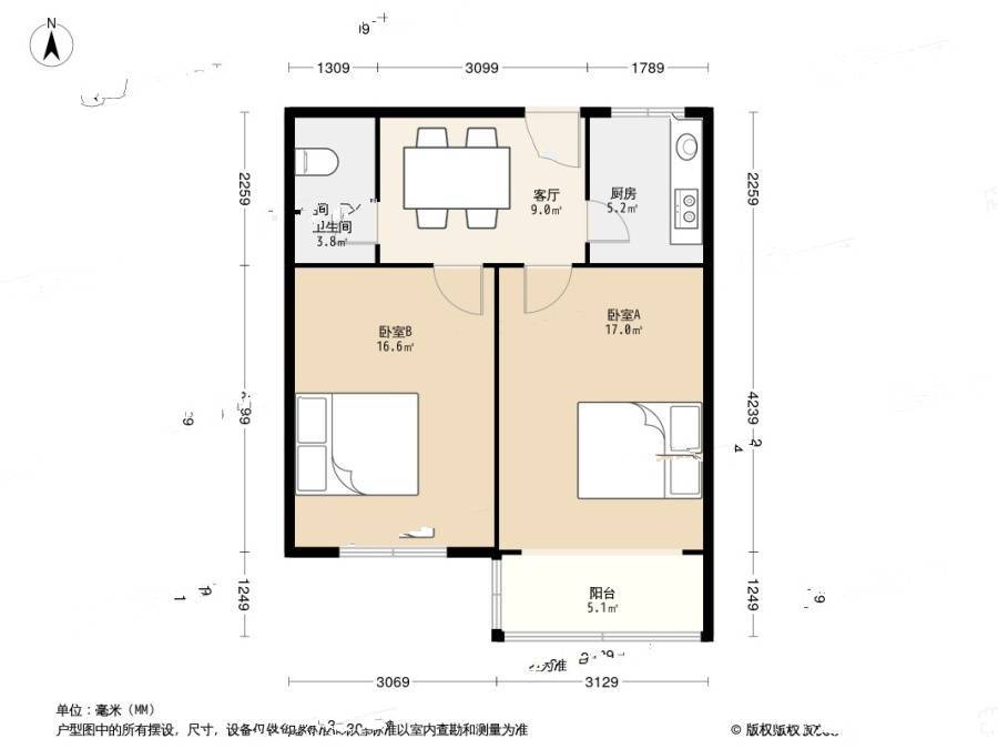 吴兴路社区2室1厅1卫54㎡户型图