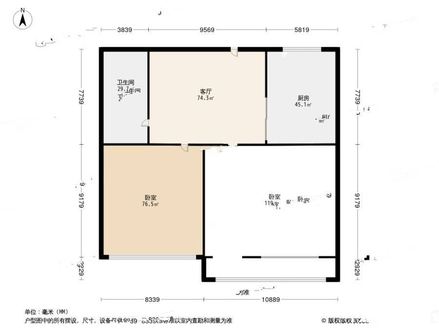 吴兴路社区2室0厅1卫56.8㎡户型图