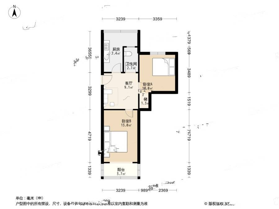 吴兴路社区2室1厅1卫60.1㎡户型图