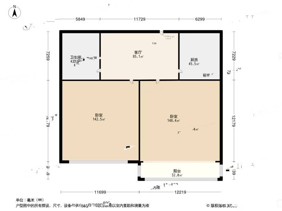 吴兴路社区2室1厅1卫54㎡户型图