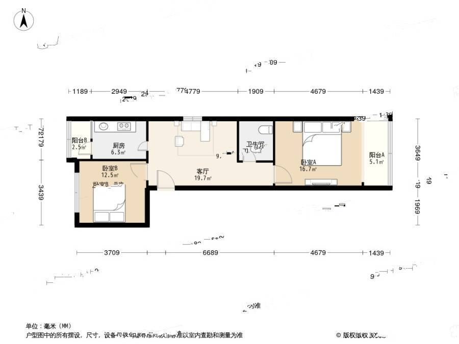 吴兴路社区2室1厅1卫75.2㎡户型图