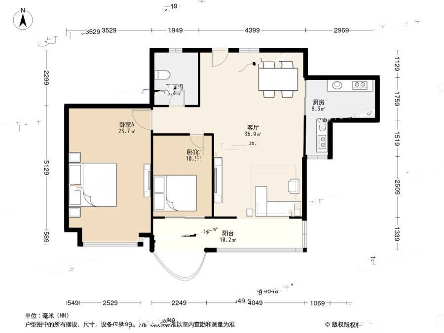 新贵都三期2室1厅1卫104㎡户型图