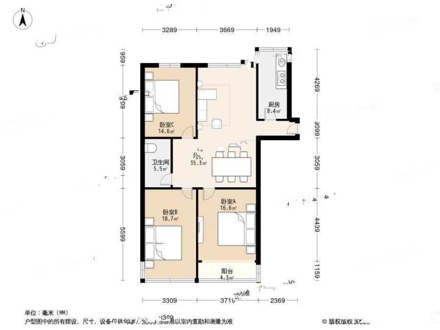 天泰新村3室1厅1卫109.6㎡户型图