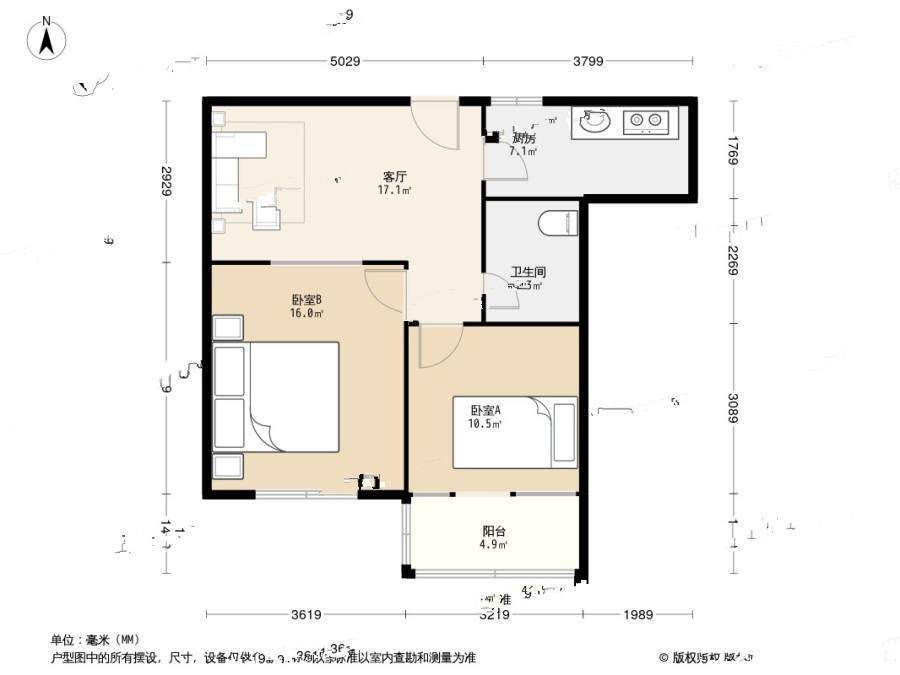 天泰新村2室1厅1卫63.3㎡户型图